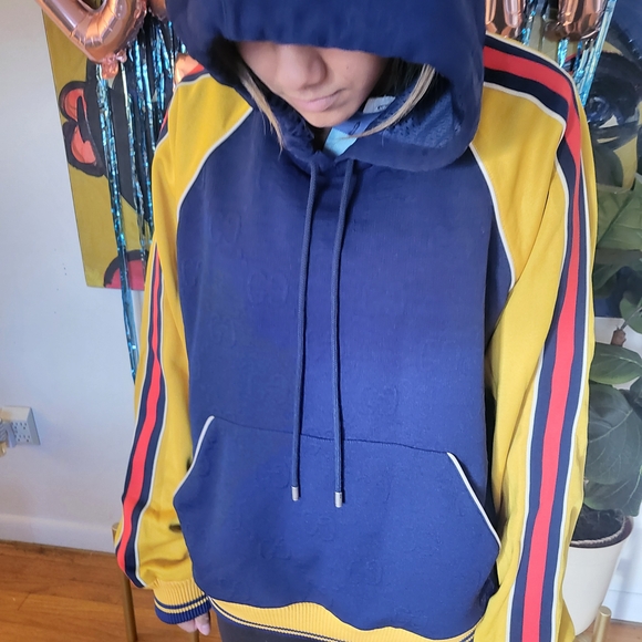 Gucci Color Block Zip-Up Hoodie with Mustard Sleeves and Red Stripe - Picture 2 of 9